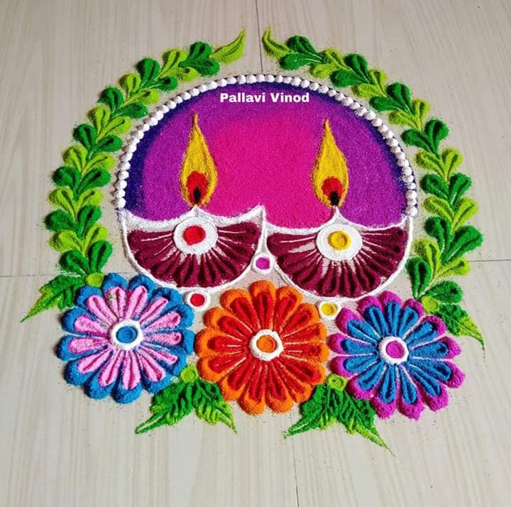 4 rangoli design purple diyas pallavi vinod